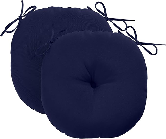 downluxe Bistro Chair Cushions for Patio Furniture, Water-Resistant Round Outdoor Chair Cushions Set of 2 with Non-Slip Ties, 15" x 15", Navy
