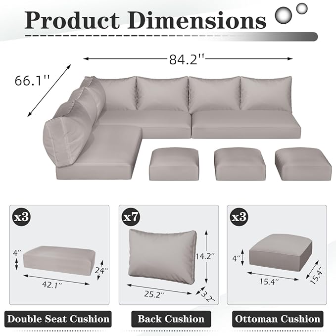 U-MAX Outdoor Cushions, 4 inch Memory Foam Patio Replacement for Outdoor Furniture, Fits 7-Seats Sectional Rattan Conversation Set, Splashproof Covers (Light Grey)
