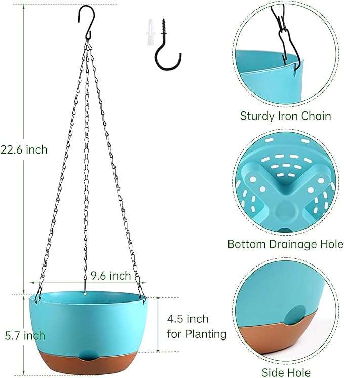 Hanging Planters for Indoor Plants, Set of 2 8/10 Inch Self-Watering Hanging Pots with Drainage Hole & Removable Water-Storage Tray II Screw-in Hooks II