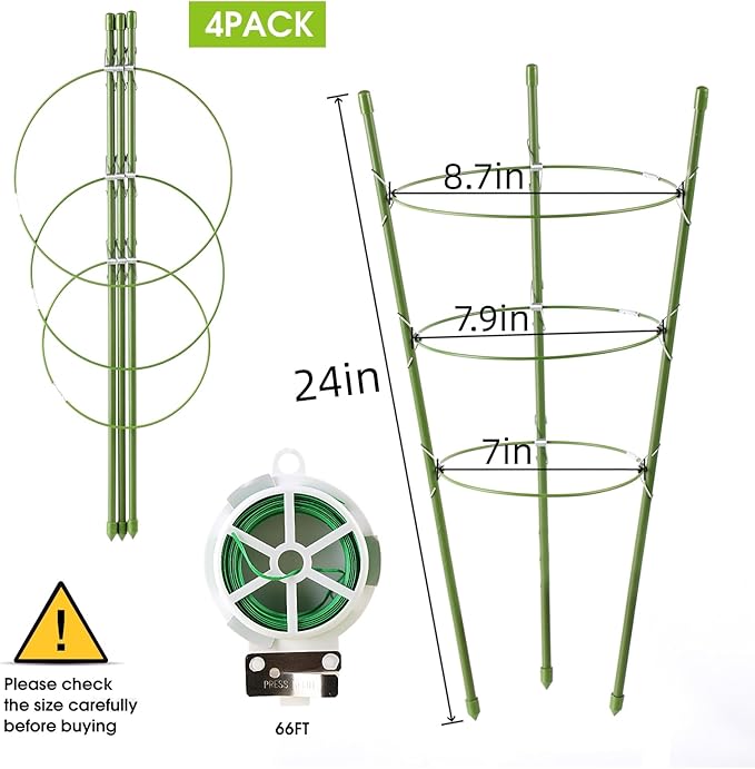 4 Pack Tomato Cage, 24 inches Plant Support Cages for Garden, Upgrade Garden Plant Stakes with Adjustable Rings, Plants Trellis for Tomato, Flower, Climbing Plants, with Twist Tie