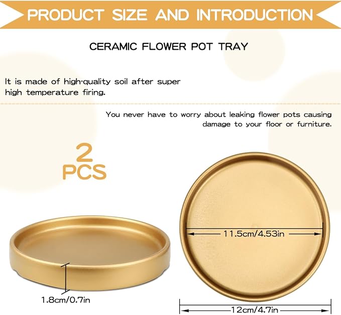 Round 4 Inch Ceramic Plant Saucer Drip Tray Set of 2 for Indoor Small Flower Pots Home Garden Outdoor Flower Plant Pot,Gold Saucers