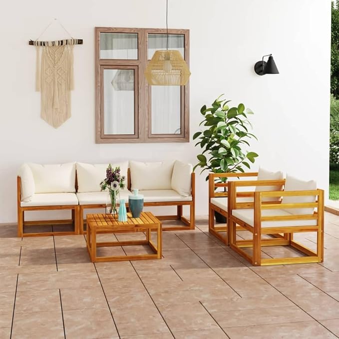 SKM 6 Piece Garden Lounge Set with Cushion Cream Solid Acacia Wood (Weight-136KG)