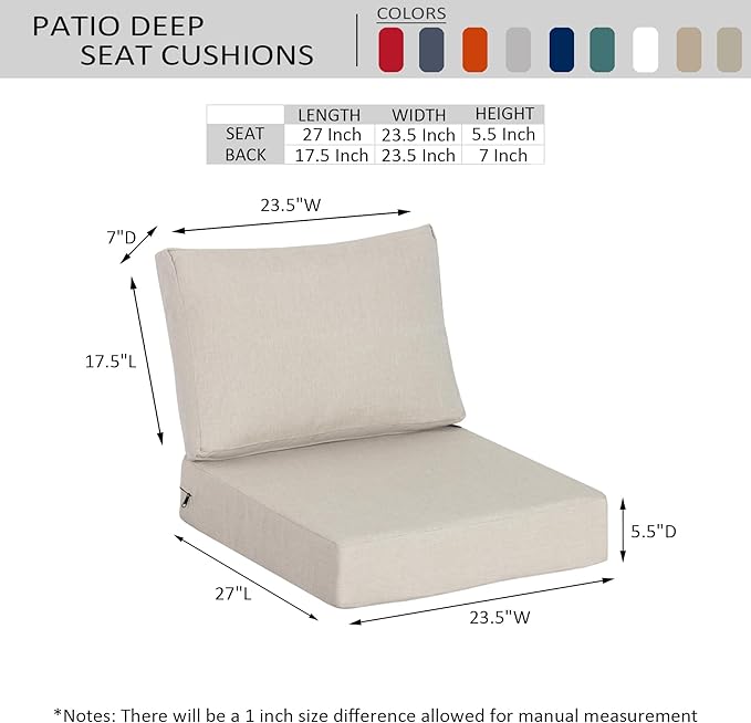 23.5"x27" Outdoor Deep Seat Patio Cushions Set of 2, Deep Seat Bottom Resilient Foam Filling Water-Resistant Stain-Resistant UV Resistant Weather Resistant with YKK Zippers, Putty