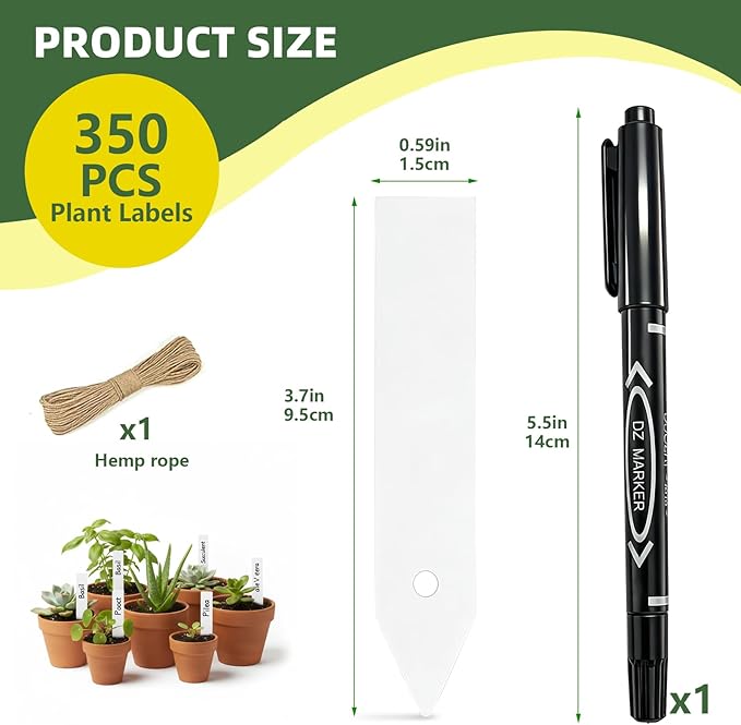 Plant Labels 350 PCS, Slim White Garden Plant Tags with Holes, PP Plastic Waterproof Labels with Permanent Marker, Jute Twine & Storage Box for Indoor & Outdoor Gardening (350PCS)