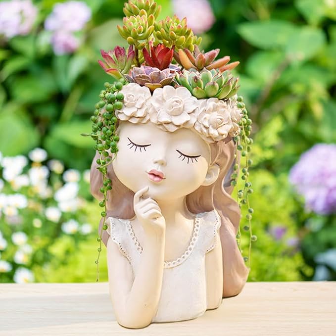 Cute Succulent Plant Pot with Drainage Hole large girl face planter pot big Resin lady head planter 11 inch tall flower vases for indoor and Outdoor plants fairy garden gift for plants lover
