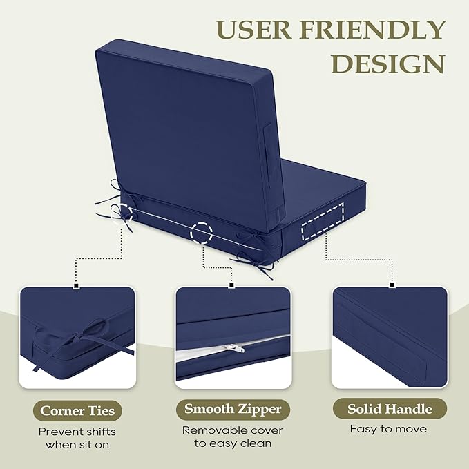 Wellsin Outdoor Cushions for Patio Furniture, Waterproof Outdoor Seat Cushions with Ties and Handle, 22X22 Outdoor Cushions, Outdoor Deep Seat Cushions with Removable Cover, Navy