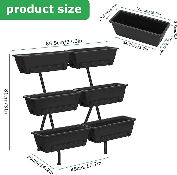 ETELI Vertical Garden Planter 3 Tier Vertical Raised Garden Bed with 6 Garden Planter Boxes Elevated Raised Bed with Drainage Holes Outdoor Standing Garden Planter for Herbs Flowers Vegetables, Black