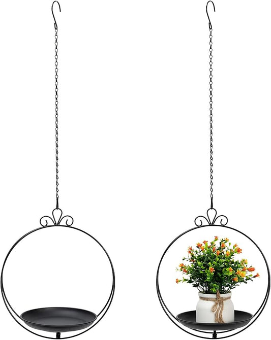 Heavy Duty Metal Hanging Planters for Indoor Plants - Black Plant Hanger with Sturdy Tray & Chains, Modern Boho Wall/Ceiling/Window Mounted Plant Basket (2/S, one Chain Flower Decor)