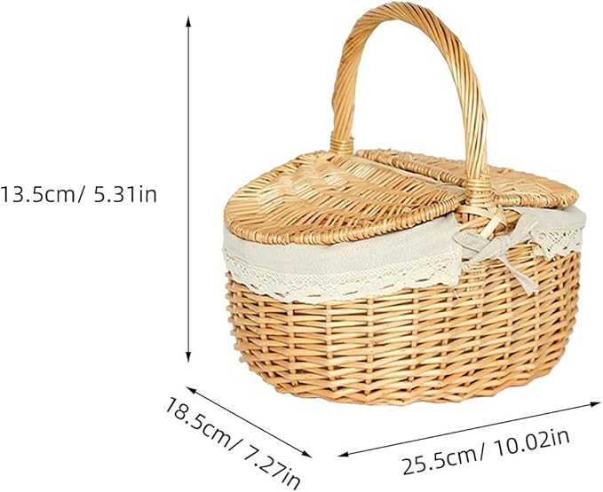 Large Wicker Picnic Basket with Lid and Handle, Sturdy Woven Picnic Basket with Liner, Fruit Bread Storage for Outdoor Camping, Easter Party, Garden Picking