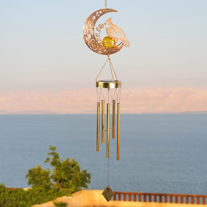 Rosefinch Solar Wind Chime for Outside - Exquisite Vermilion Bird Design, Handmade Aluminum Wind Chimes for Garden/Lawn, Soothing Zen Decor, Gift for Asian-Themed,Housewarming & Meditation Spaces