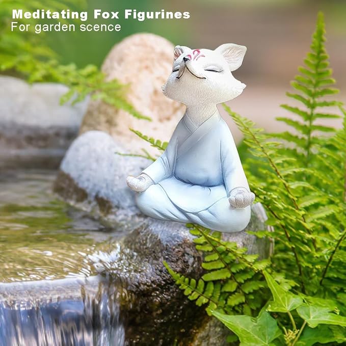 Meditating Buddha Fox Statue Resin Zen Animal Sculpture Yoga Figurines Indoor Outdoor Fengshui Decor for Patio Garden Yard Lawn Tabletop Planter Ponds Pot Bookshelf Ornaments Gifts White