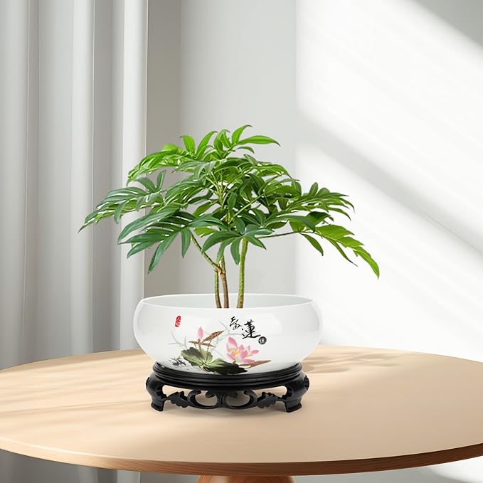 Lotus Bowl Planter - Ceramic Pots for Plants with Stand for Hydroponic Water Lilies & Bonsai Trees, Bonsai Pots Indoor/Outdoor Décor - Zen Garden & Home Art Display (White, Medium)