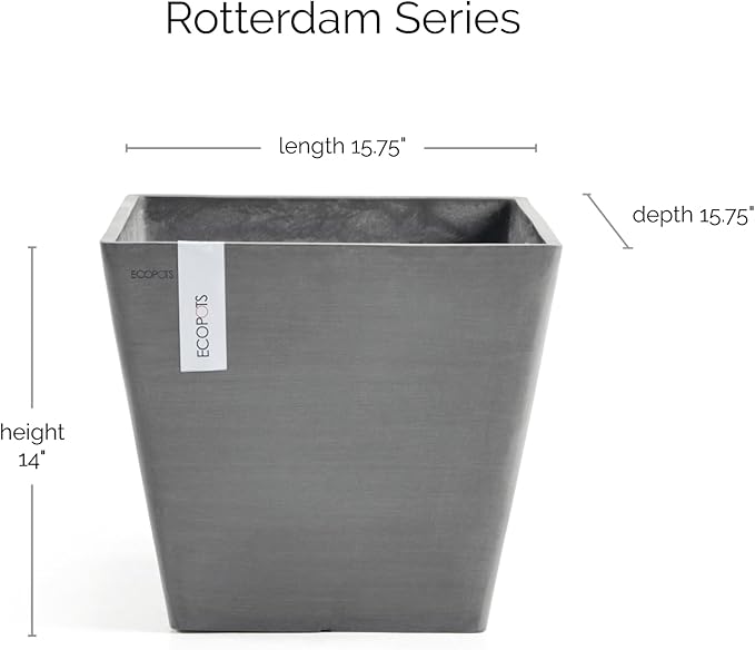 Ecopots Rotterdam Durable Modern Square Indoor/Outdoor Recycled-Based Composite Flower Planter, Grey, 15.75"