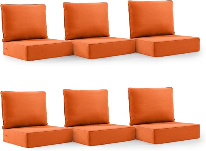 6" Thick Outdoor Cushion, 24*24*6" Patio Furniture Cushions with Waterproof Patio Furniture Cushions with Removable Cover, 28D High Density Patio Cushion for Outdoor Furniture, Orange-6pcs