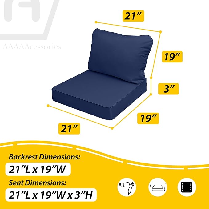 AAAAAcessories Outdoor Seat Cushions for Chairs, Fade-Resistant, Waterproof Patio Furniture Replacement Cushions, 21" x 19" x 3" + 21" x 19", Set of 4, Navy Blue