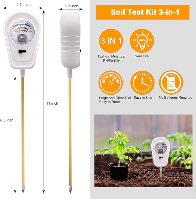 Soil Test Kit 3-in-1, Soil Moisture Meter, Soil PH Meter, Fertility Soil Tester, Soil Tester for Garden, Lawn, Farm, Outdoor & Indoor Use (Misty Dawn White)