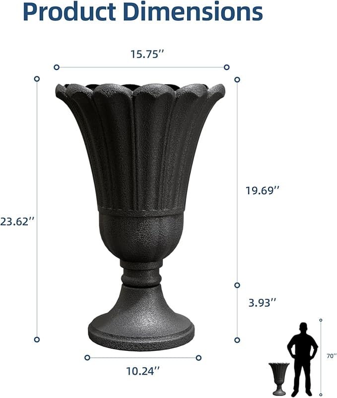 Tall Plastic Urn Planters for Outdoor Plants Set of 2-23.6" H Classic Petal Design Indoor Large Flower Pots with Drainage Holes, Outdoor Planters for Porch Decor/Garden Vase, Black