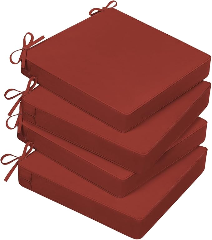Basic Beyond Outdoor Chair Cushions for Patio Furniture, Waterproof Outdoor Seat Cushions Set of 4 19 x 19, Patio Chair Cushions Set of 4 with Ties and Handle, Brick Red
