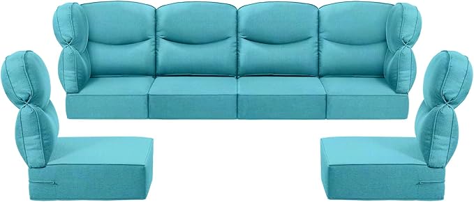 Luxury 24x24x6 Outdoor Seat Cushions for 6-Seat Sectional Sofa Set of 6 - Water-Repellent 14-Piece Patio Cushion Set for Outside Wicker Loveseat Chair L-Shape Couch - Turquoise/Smile