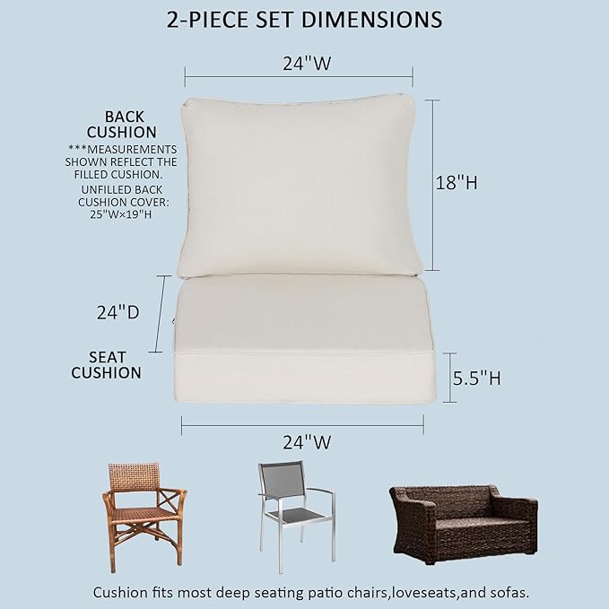 24x24 Inch Outdoor Deep Seat Cushions Set of 2,Thick High-Density Foam, Water-Resistant, Piped Edges & YKK Hidden Zipper for Patio Furniture,Almond