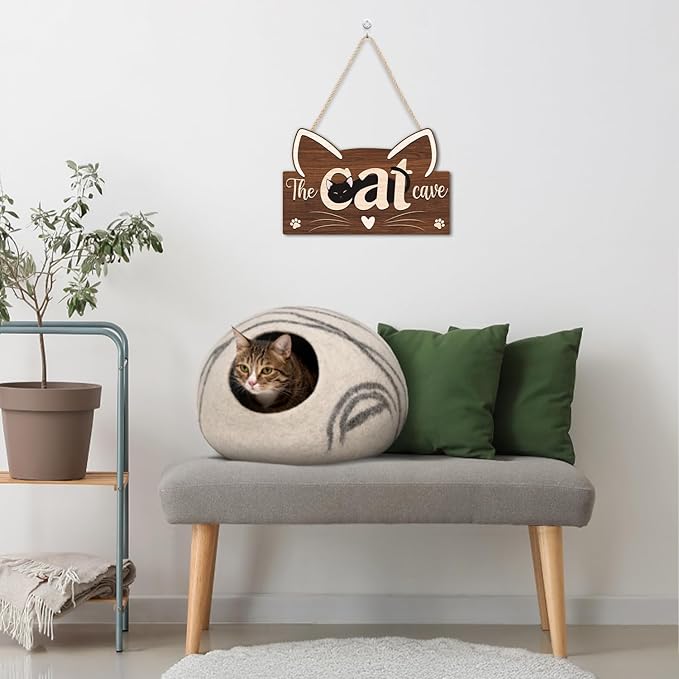 HLNIUC Funny Black Cat Door Sign(11”x7”),Cute Pat Welcome Wall Decor,The Cat Cave Hanging Decoration for Front Door,Housewarming Gift Wall Sign for Pat Lovers,Cats Welcome People Tolerated Plaque