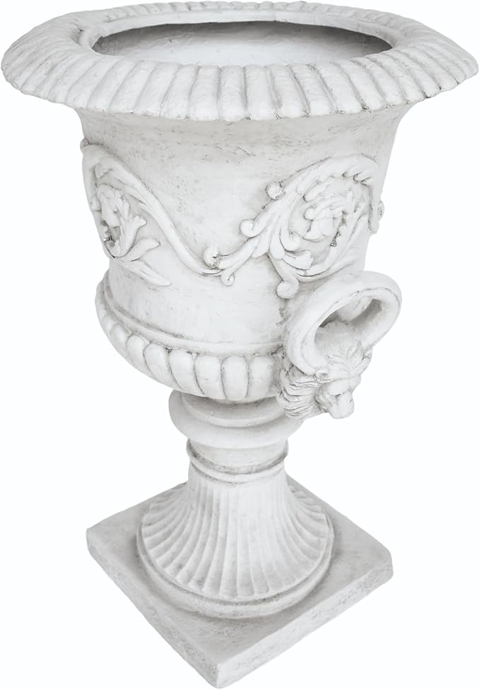Merax 28-inch MGO Roman Garden Urn Planter, Lightweight Concrete Indoor Outdoor Flower Pot with Drainage Hole & Stopper, Stone-Look Planter for Plants, Flowers, Succulents, and Herbs, Antique White