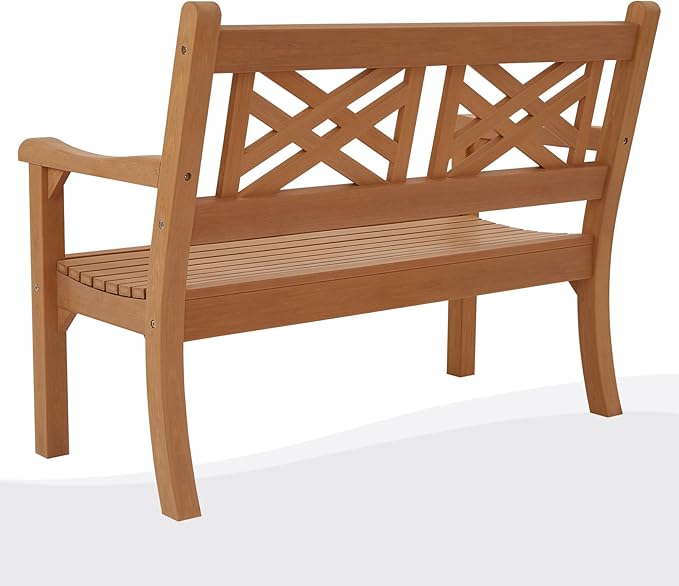 Psilvam 49''W All-Weather Poly Lumber Outdoor Bench – 2- Person Garden Bench with Decorative Backrest & Curved Armrests, Anti-Fade Patio Bench for Porch, Backyard, and Park(Teak Color)