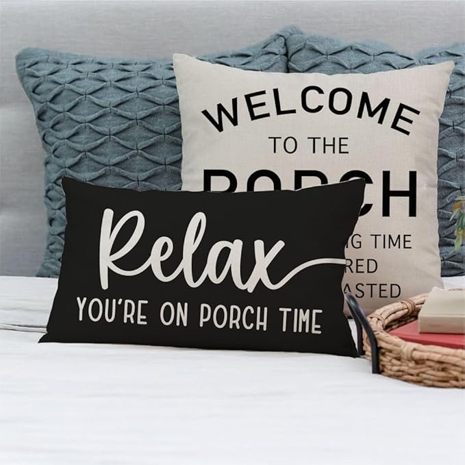 PANDICORN Decorative Throw Pillow Covers 12x20 Inch Relax Porch Time Black Outdoor Rustic Farmhouse Lumbar Decorative Throw Pillows Cases Cushion Covers Decorations for Front Porch Couch Sofa Decor