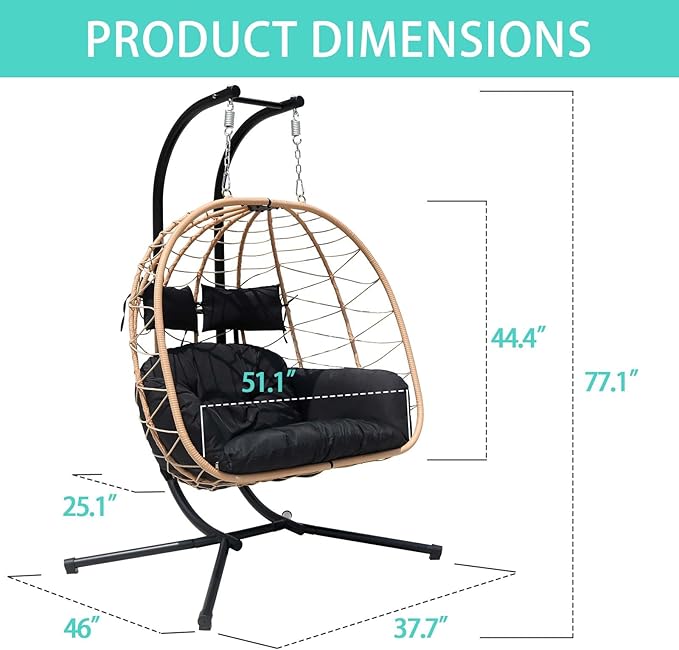 Hanging Egg Chair with Stand Indoor Swinging Chair Outdoor Hammock Egg Chair for Patio, Bedroom, Garden and Balcony (Black, Large)