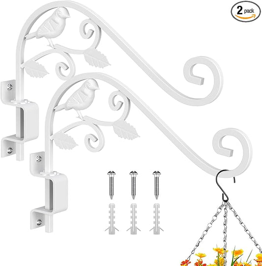 Outdoor Plant Hangers, 2 Pack 15.15 inch Swivel Plant Hooks for Wall Sturdy Wrought Iron Plant Hangers Outdoor, Hanging Plant Bracket Heavy Duty for Bird Feeders, Planters, Lanterns, Wind Chime,White