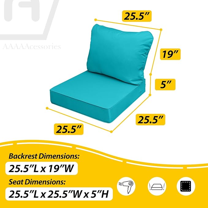 AAAAAcessories Outdoor Deep Seat Cushions, Waterproof, Fade-Resistant Patio Furniture Replacement Cushions, 25.5" x 25.5" x 5" + 25.5" x 19", Set of 4, Turquoise Blue