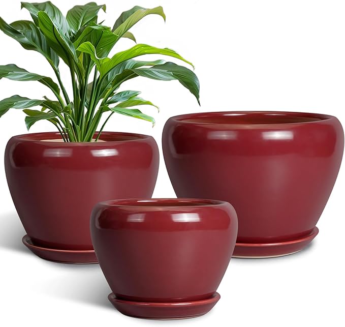 Ceramic Pots for Plants - 10 Inch 8 Inch 6 Inch Plant Pots with Drainage Holes and Saucers Large Planters for Indoor Plants Decorative Outdoor Flower Pots Set of 3 Red