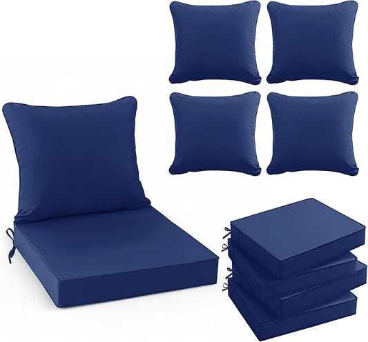 Outdoor Chair Cushions Set of 4, Waterproof Backrest and Deep Seat Cushion Set for Patio Furniture, Outdoor Replacement Cushions with Removable Cover, 22 x 22 Inch, Navy