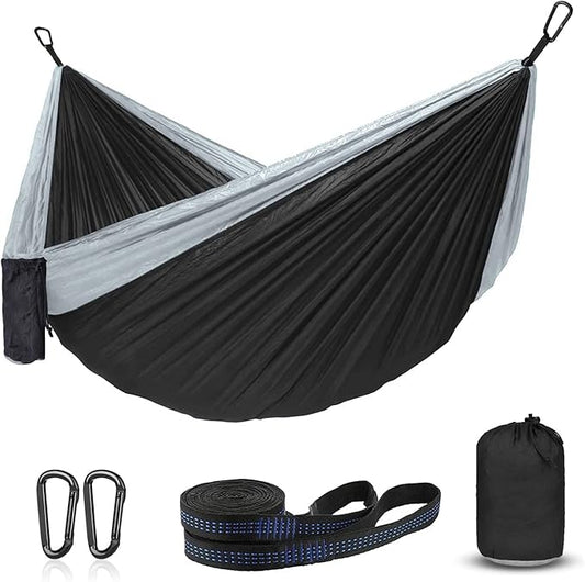 Hammock Camping, Portable Single/Double Hammocks for Outdoor Hiking Travel Backpacking - 210D Nylon Hammock Swing for Backyard & Garden (Black/Gray)