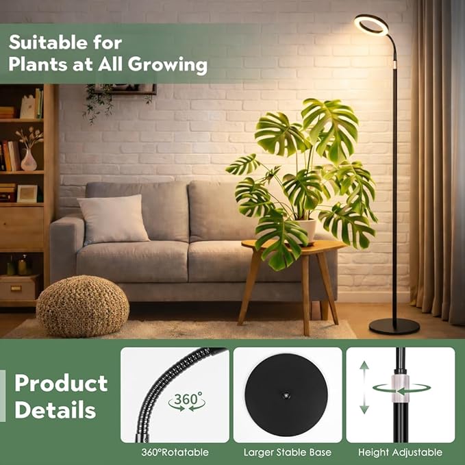 LBW Floor Grow Light with Stand for Large & Tall Indoor Plants, Full Spectrum Floor Plant Light, Auto On/Off Timer 6/8/12/16H, 5-Level Dimmable, 3 Lighting Modes, Adjustable Height up to 68''