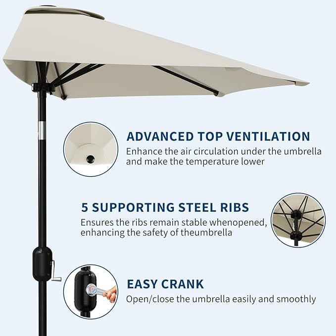 Garvee Patio Umbrella 9FT - Half Umbrella Outdoor with Smooth Crank Lift, Outdoor Shade Canopy for Patio, Backyard, Garden, Deck, Balcony -Beige