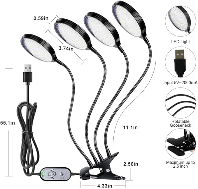 Grow Light 60W Sunlike Full Spectrum LED Plant Grow Lights with Timer Auto On/Off 4/8/12H Waterproof Grow Lamp for Indoor Plants, 5 Dimmable Levels, Adjustable Gooseneck