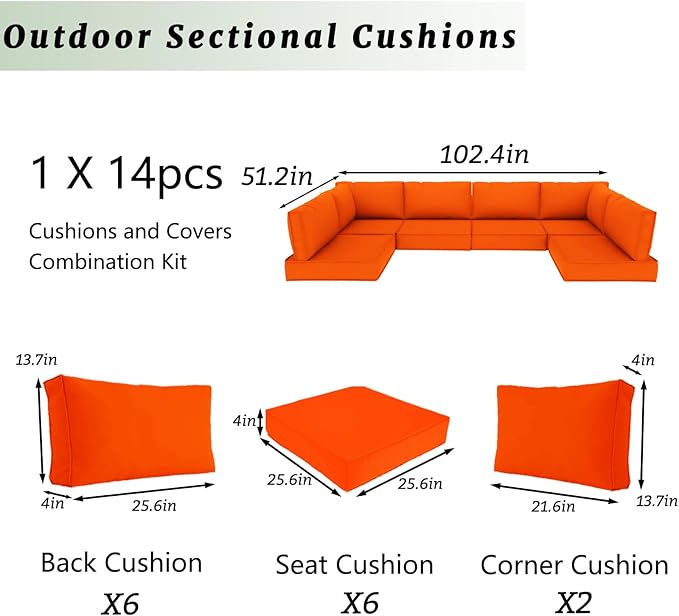 Outdoor Sectional Cushions Replacement Set, 26x26in Patio Furniture Cushions, 14 Pieces Waterproof Outdoor Couch Cushion for 6 Seat Wicker Conversation (Orange)