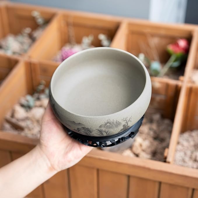 Lotus Bowl Planter - Ceramic Pots for Plants with Stand for Hydroponic Water Lilies & Bonsai Trees, Bonsai Pots Indoor/Outdoor Décor - Zen Garden & Home Art Display (Grey, Small)