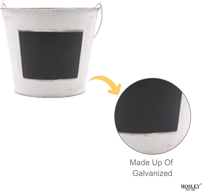 Hosley Set of 2 White Metal Pail with Chalkboard and Plastic Liner 7" Dia x 6" H. Ideal Gift for Floral Arrangements Wedding House Warming Floral Planter DIY Craft Home Office Party Garden Patio