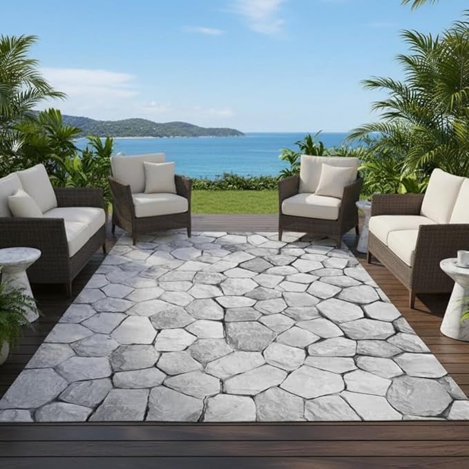 Modern Abstract Art Decor Stone Texture White Grey Waterproof Outdoor Area Rugs for Garden Balcony Backyard RV Camping Pool Patios Deck Carpets Quick Dry Easy Clean Thin Low Pile Floor Mats 2x6