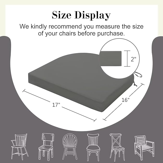 Cozyide Outdoor Chair Cushions, Waterproof Patio Seat Cushions with Adjustable Straps, Round Corner Patio Chair Cushions for Garden, Dark Grey, 17x16x2 Inch (Pack of 4)