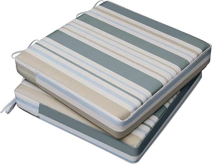 AAAAAcessories Outdoor Seat Cushions for Chairs, Waterproof, Fade-Resistant, 20" x 18" x 3", Patio Furniture Replacement Cushions, Set of 2, Slate Gray Blue Coastal Stripe
