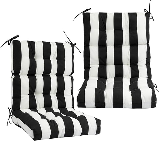 Outdoor High Back Chair Cushions Set of 2,Reversible Lawn Chair Cushion 44 x22 inch,Water Resistant Tufted Adirondack Chair Cushion,for Garden Rocking Chair,Patio Furniture(Black White Stripe)