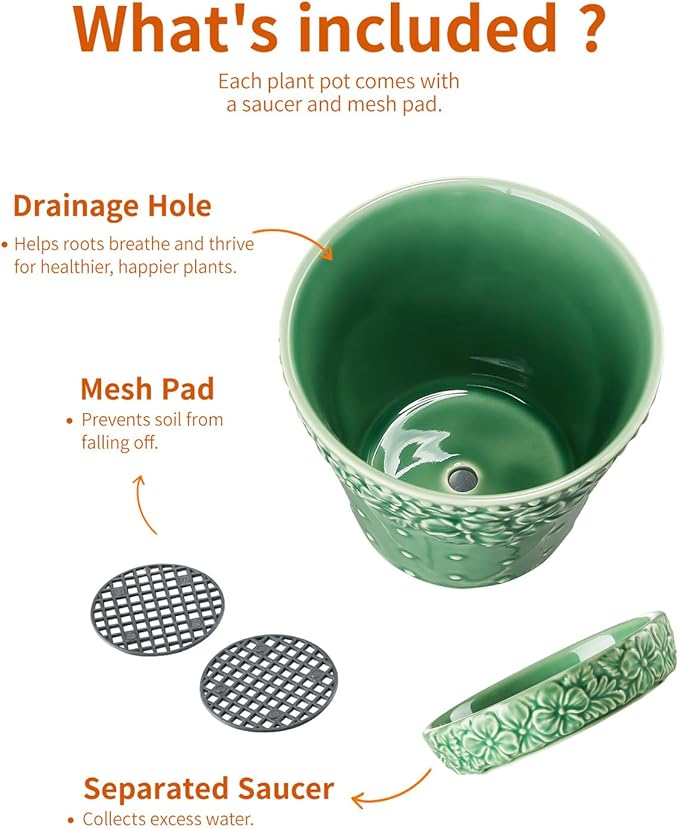 Ceramic Plant Pots, 3.8+4.9+5.8 Inch, Set of 3 Flower Pots with Drainage Hole & Saucer, Embossed Planter Pots for Indoor Plants, Home Decor, Green