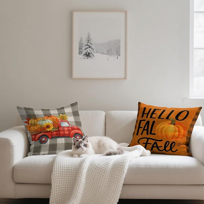 Autumn Harvest Pillow Covers 18x18 inch Set of 4, Pumpkin Truck Buffalo Plaid Fall Art Throw Pillow Covers Farmhouse Cushion Case Decor for Sofa Couch