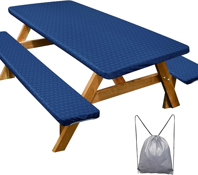 Picnic Table Cover with Bench Covers Camping Essentials Waterproof Windproof Camping Tablecloth with Drawstring Bag, Fitted Rectangle Tables and Seats, 60in, Deep Blue