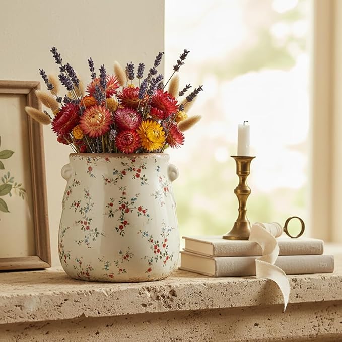 Ceramic Vases for Centerpieces, Shabby Chic Vase & Flower Pot with Drainage, Country Chic Decor for Office Room Garden Balcony Mantel Fireplace Table & Shelf, Red Floral
