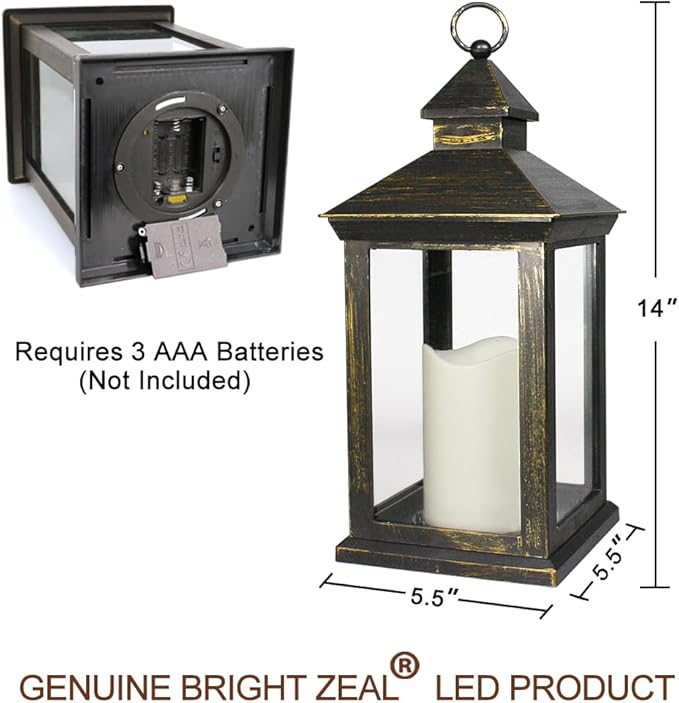Bright Zeal 2-PACK 14 Inch Vintage Decorative Candle Lanterns With Timer - IP44 Waterproof Distressed Gold Decorative Outdoor Lanterns Battery Powered - Hanging Decorative Lanterns For Wedding Indoors