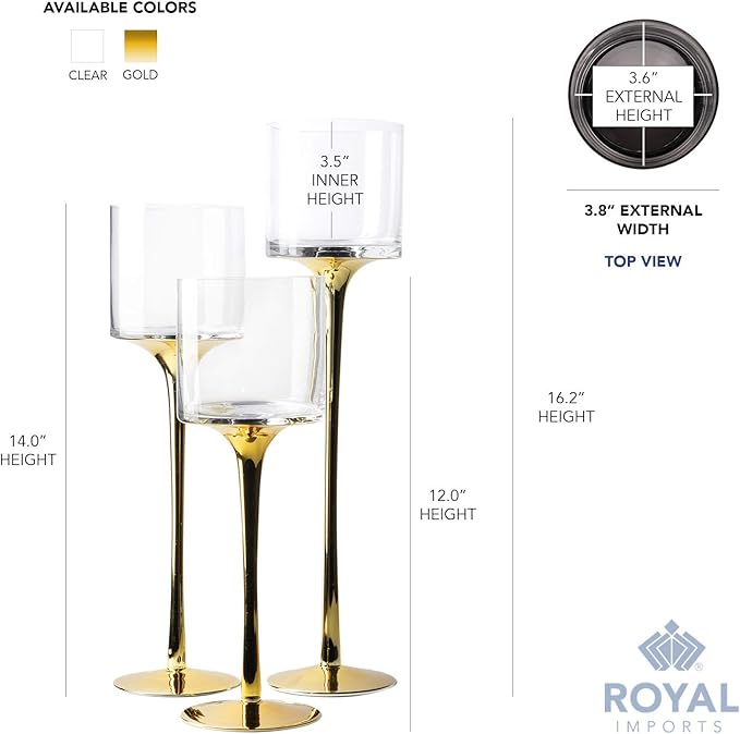 Royal Imports Glass Candleholder Flower Vase, Floating & Pillar Candle Centerpiece Display, Decorative Hurricane on Pedestal for Home or Wedding Set of 3, Gold
